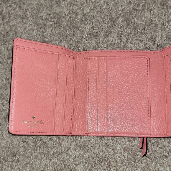 Kate Spade Pebbled Leather Trifold Coral Pink Salmon Wallet w Striped Lining - Picture 12 of 16